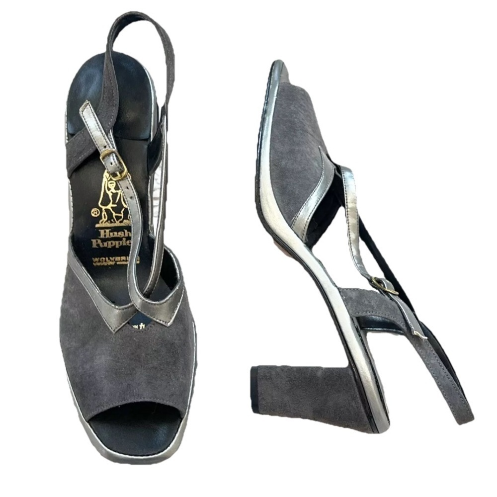 🆕 Hush Puppies suede leather open toe slingback block heels size 10 silver
